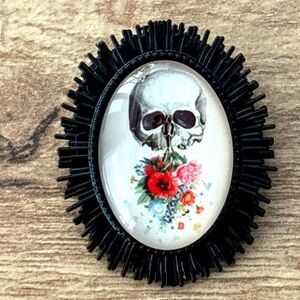 Skull and Flowers Sunburst Brooch, NWT, Handmade
